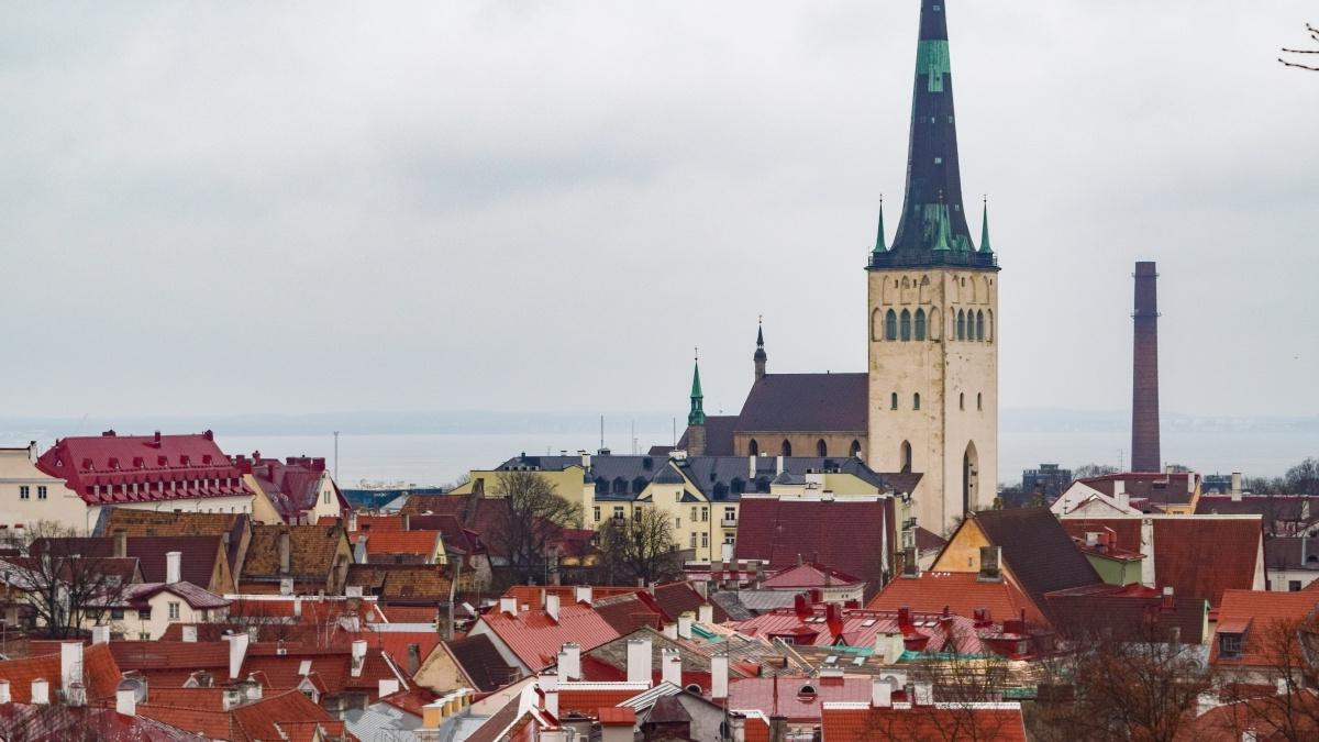 圣乔治大教堂的塔尖. Olav's Church in Tallinn, Estonia towers over the town buildings 
